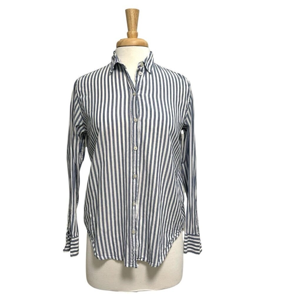 EVERLANE Nautical Stripe Button Front Long Sleeve Blouse Top Blue White size 2
